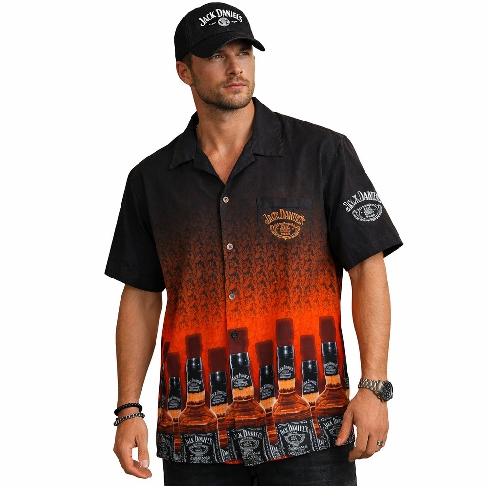Y2K Jack Daniels‎ Whiskey Short Sleeve Button Up Graphic Shirt Grunge Biker Bar